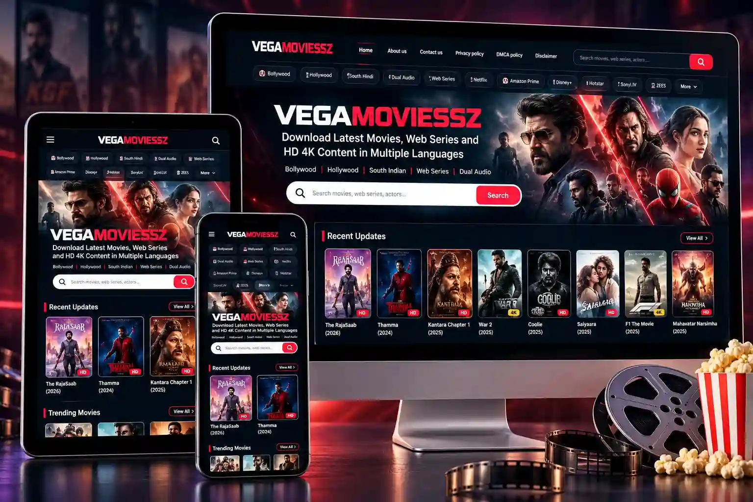 Vegamovies design displayed across desktop, tablet, and mobile screens with a cinematic movie-themed layout.